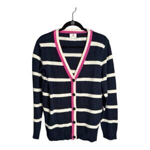 Sundry Navy White Striped Cardigan Pink Detail Large